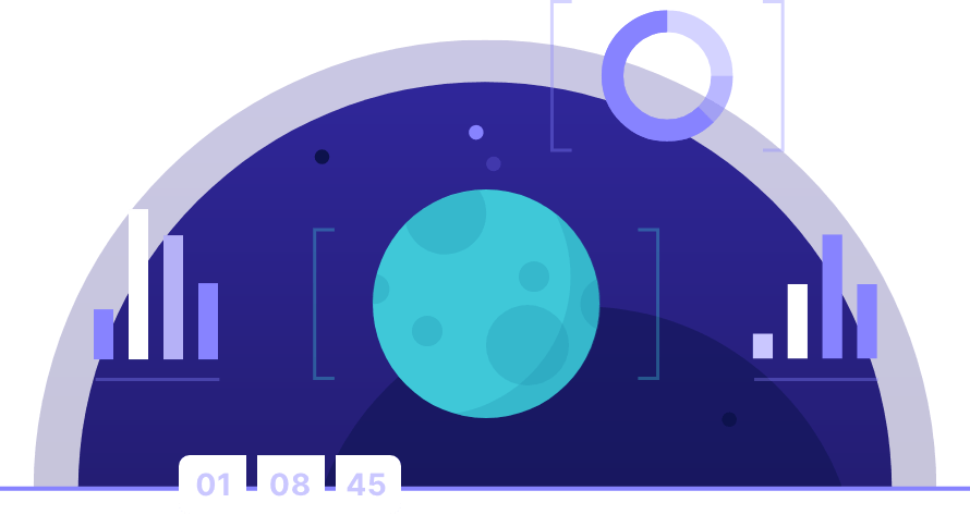 Teal moon surrounded by graphs and charts